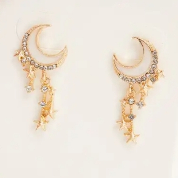 Gold Plated Pearlessent Crescent moon star drop earrings with silver post - Picture 6 of 16
